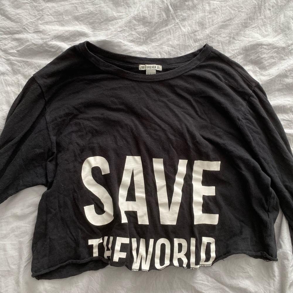SAVE THE WORLD cropped long sleeved top